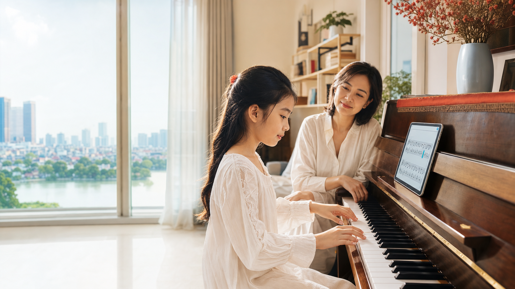 Người học chơi đàn piano bên gia đình
